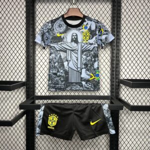 2024 Brazil Special Edition Jesus Black Gray Soccer Jersey Kids Size